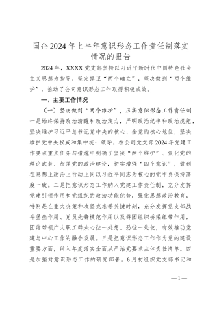 国企2024年上半年意识形态工作责任制落实情况的报告