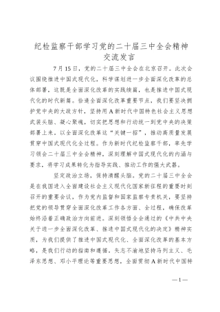 纪检监察干部学习党的二十届三中全会精神