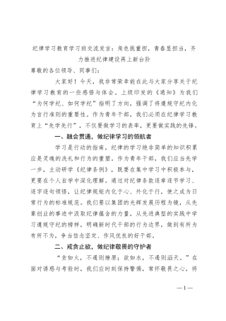纪律学习教育学习班交流发言：角色挑重担，青春显担当，齐力推进纪律建设再上新台阶