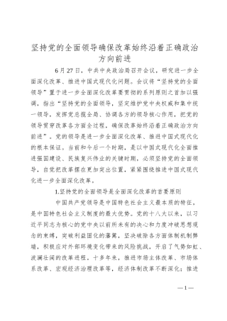 坚持党的全面领导 确保改革始终沿着正确政治方向前进