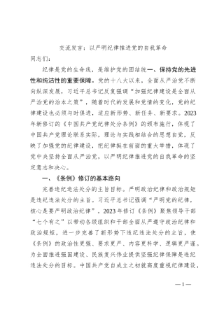 交流发言：以严明纪律推进党的自我革命