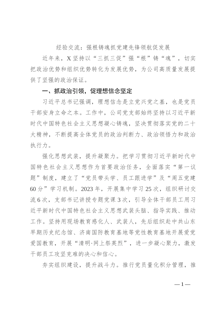 经验交流：强根铸魂抓党建 先锋领航促发展_第1页