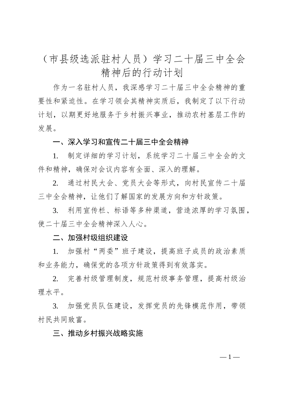（市县级选派驻村人员）学习二 十届三 中全会精神后的行动计划_第1页