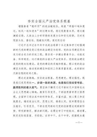 【中央政治局第十五次集体讲话材料交流研讨】夯实全面从严治党体系根基