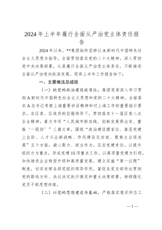 2024年上半年履行全面从严治党主体责任报告