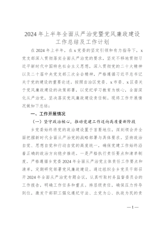 2024年上半年全面从严治党暨党风廉政建设工作总结及工作计划
