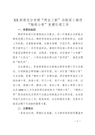 XX街道充分发挥“两企三新”功能 深入推进“陶然小哥”党建引领工作