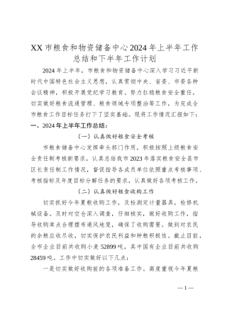 XX市粮食和物资储备中心2024年上半年工作总结和下半年工作计划