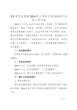 XX市卫生学校2024年上半年工作总结和下半年工作计划
