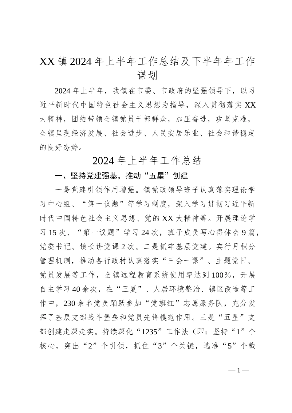 XX镇2024年上半年工作总结及下半年年工作谋划_第1页