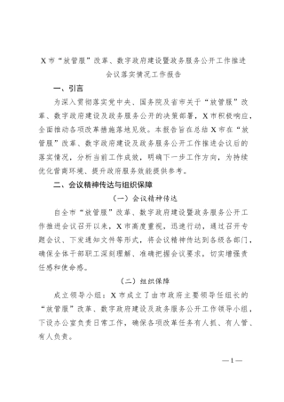 X市“放管服”改革、数字政府建设暨政务服务公开工作推进会议落实情况工作报告
