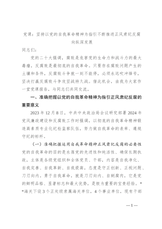 党课：坚持以党的自我革命精神为指引 不断推进正风肃纪反腐向纵深发展
