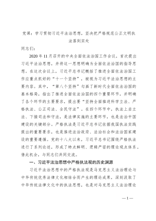 党课：学习贯彻习总书记法治思想，坚决把严格规范公正文明执法落到实处