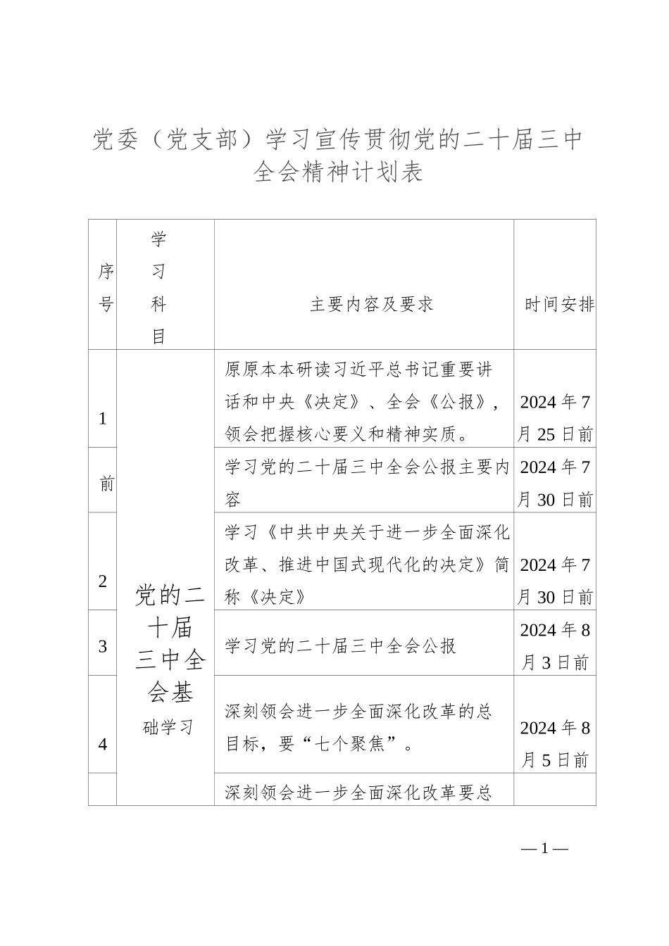 党委（党支部）学习宣传贯彻党的二十届三中全会精神计划表_第1页