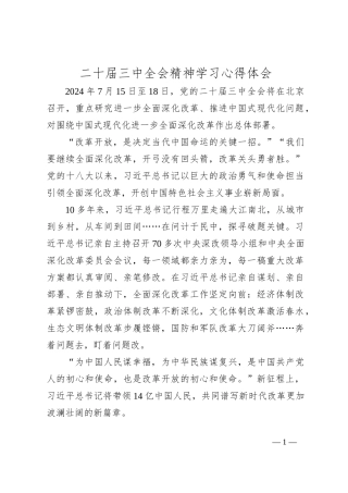 二 十届三 中全会精神学习心得体会