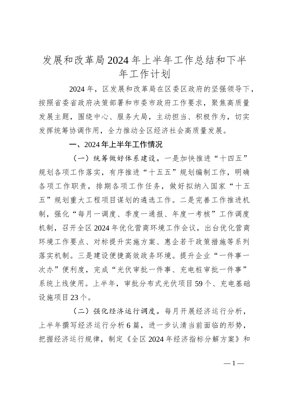 发展和改革局2024年上半年工作总结和下半年工作计划_第1页