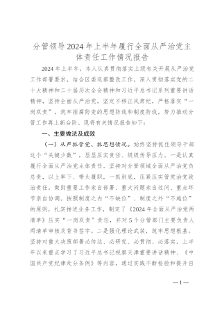 分管领导2024年上半年履行全面从严治党主体责任工作情况报告
