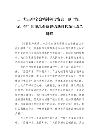 二十届三中全会精神研讨发言：以“保、促、推”化作总引领+助力新时代深化改革进程