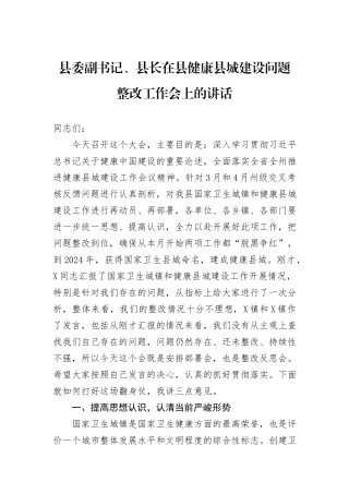 县委副书记、县长在县健康县城建设问题整改工作会上的讲话