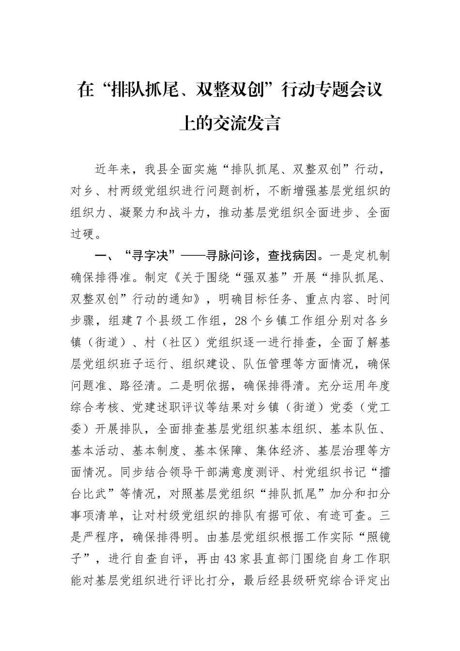 在“排队抓尾、双整双创”行动专题会议上的交流发言_第1页