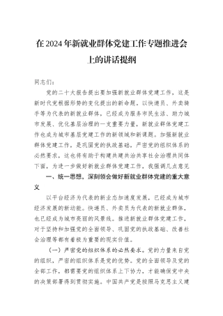在2024年新就业群体党建工作专题推进会上的讲话提纲