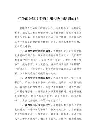 在全市乡镇（街道）组织委员培训心得