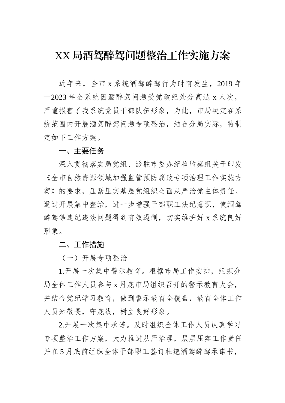 XX局酒驾醉驾问题整治工作实施方案_第1页