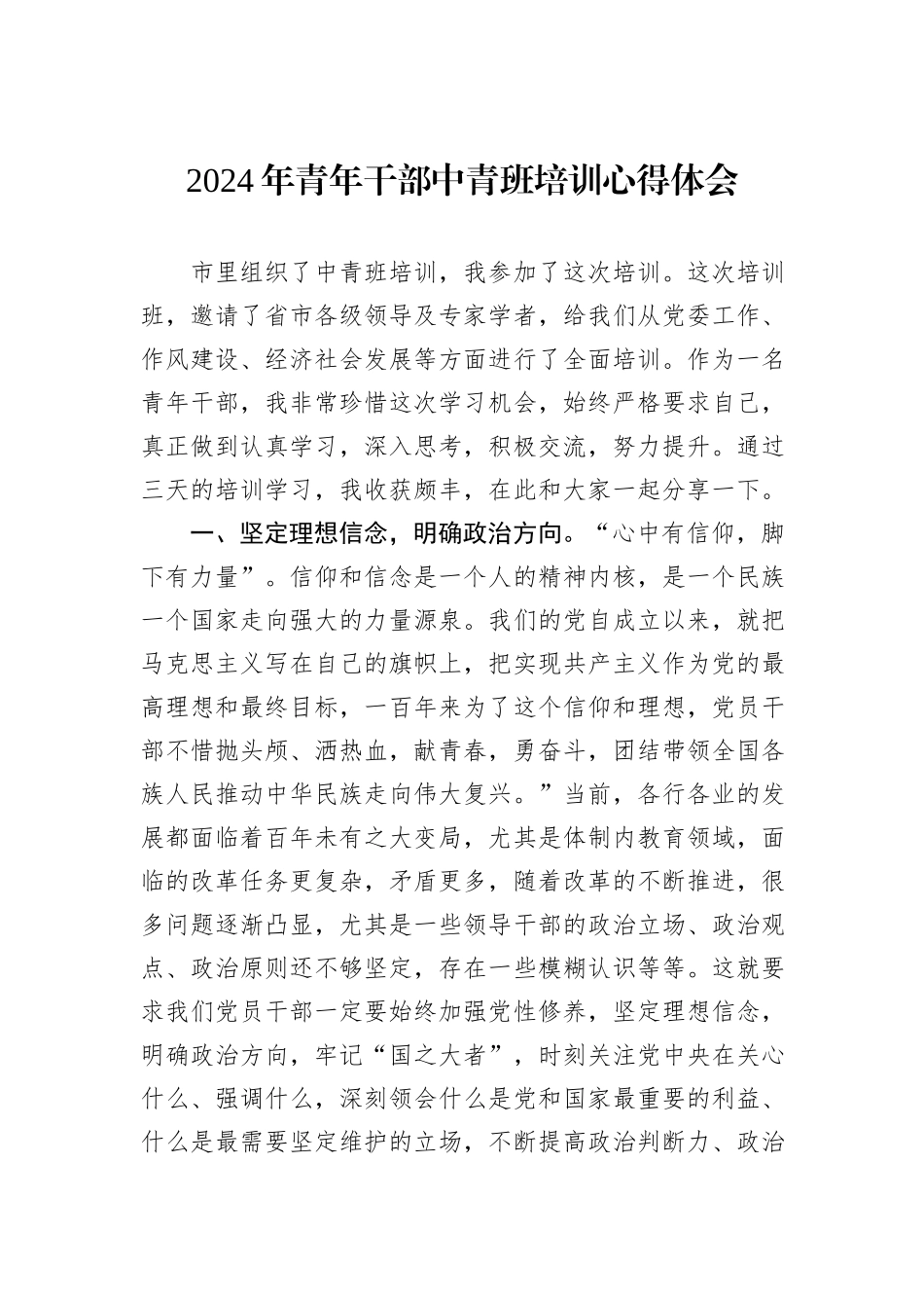 2024年青年干部中青班培训心得体会_第1页