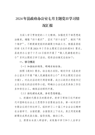 2024年县政府办公室七月主题党日学习情况汇报