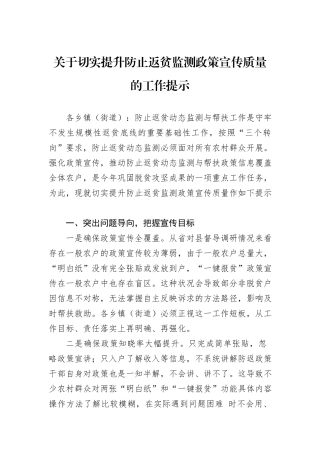 关于切实提升防止返贫监测政策宣传质量的工作提示