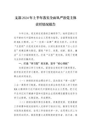 支部2024年上半年落实全面从严治党主体责任情况报告