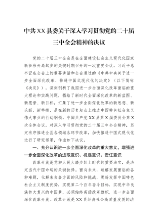 中共XX县委关于深入学习贯彻党的二十届三中全会精神的决议