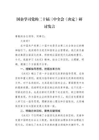 国企学习党的二十届三中全会《决定》研讨发言