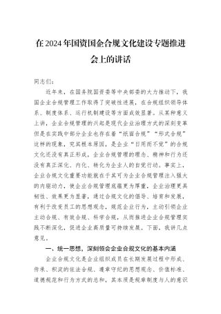 在2024年国资国企合规文化建设专题推进会上的讲话