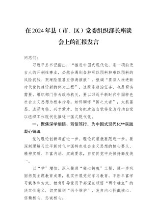在2024年县（市、区）党委组织部长座谈会上的汇报发言