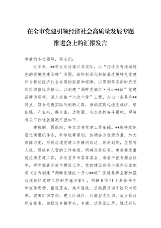 在全市党建引领经济社会高质量发展专题推进会上的汇报发言