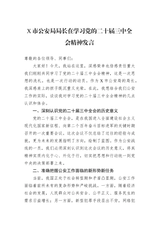 X市公安局局长在学习党的二十届三中全会精神发言