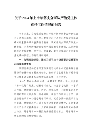 关于2024年上半年落实全面从严治党主体责任工作情况的报告