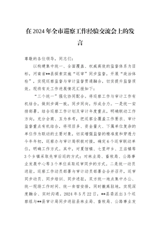 在2024年全市巡察工作经验交流会上的发言