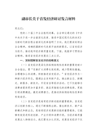 副市长关于首发经济研讨发言材料
