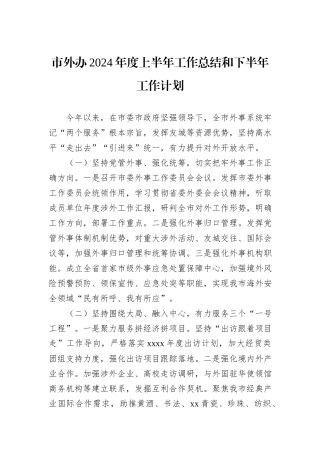 市外办2024年度上半年工作总结和下半年工作计划