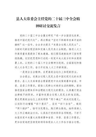县人大常委会主任党的二十届三中全会精神研讨交流发言