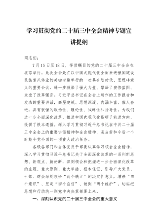 学习贯彻党的二十届三中全会精神专题宣讲提纲