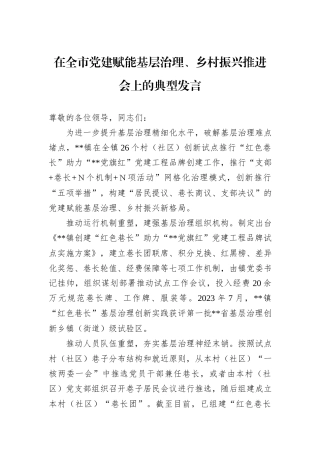 在全市党建赋能基层治理、乡村振兴推进会上的典型发言