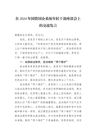 在2024年国资国企系统年轻干部座谈会上的交流发言