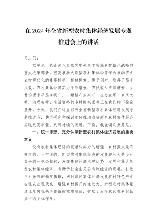 在2024年全省新型农村集体经济发展专题推进会上的讲话