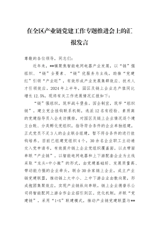 在全区产业链党建工作专题推进会上的汇报发言