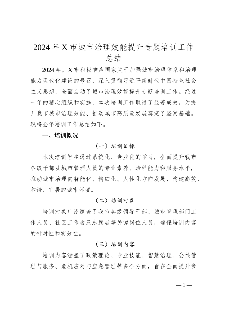 2024年X市城市治理效能提升专题培训工作总结_第1页