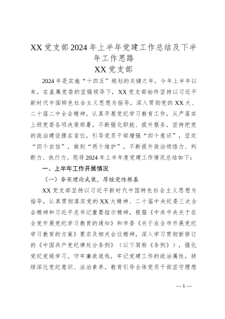 XX党支部2024年上半年党建工作总结及下半年工作思路
