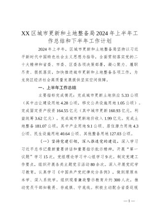 XX区城市更新和土地整备局2024年上半年工作总结和下半年工作计划